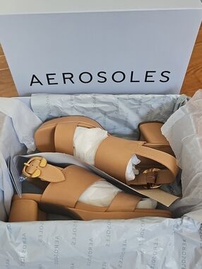 AEROSOLES Prym Cognac Tan Leather Block Heel Sandals with Gold Buckle